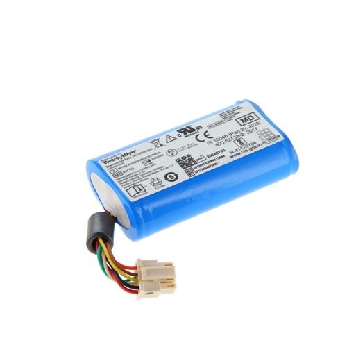 Blue rechargeable lithium-ion battery pack with a white four‑pin connector and multi‑colored wires.