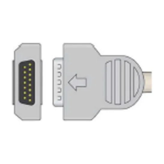 VGA-style adapter: a 15-pin D-sub connector on the left connected to a rectangular adapter body with a proprietary right-end connector.